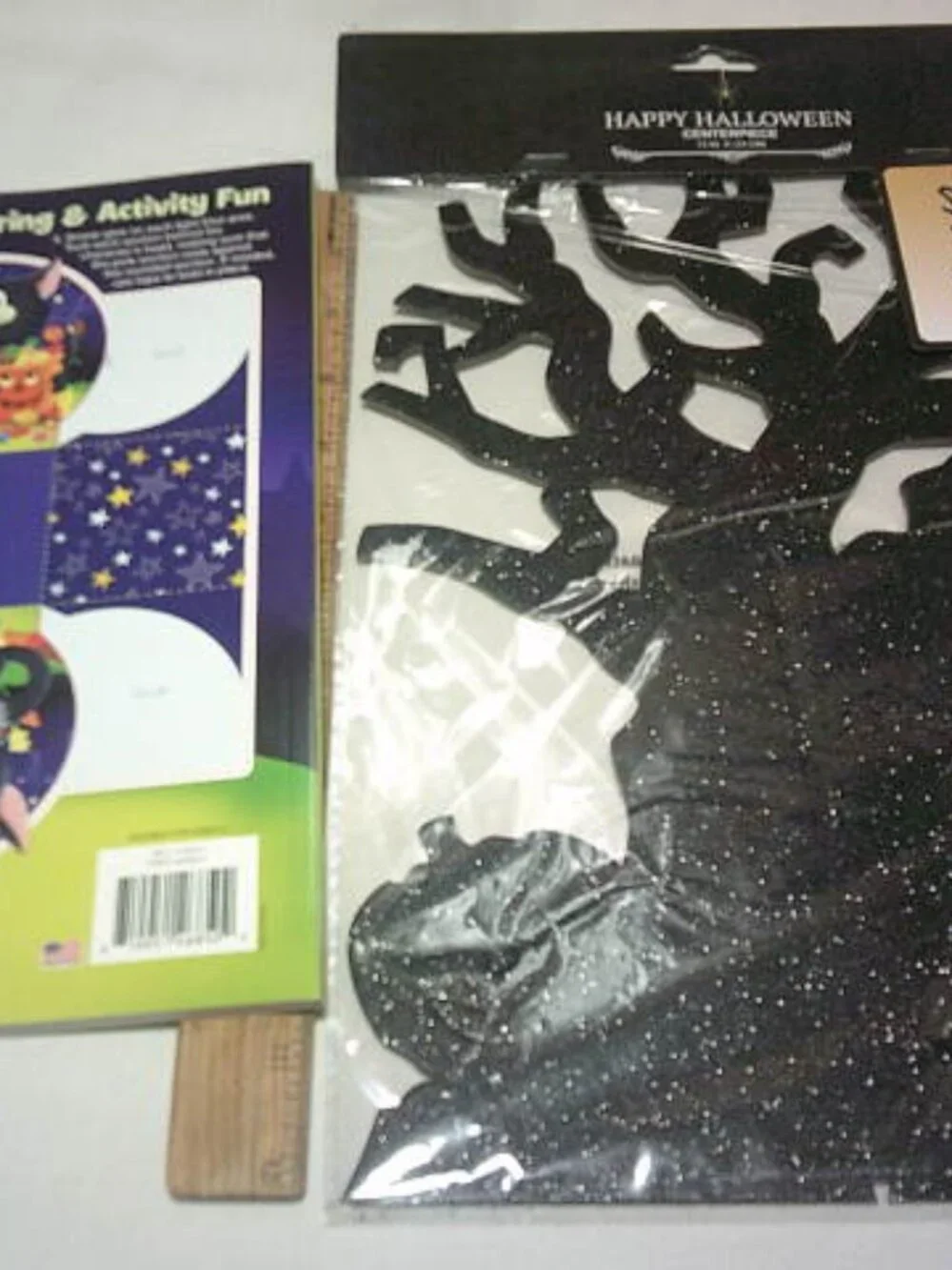 NEW KIDS SPOOKY COLOR & ACTIVITY BOOK & BLK GLITTER HALLOWEEN CENTERPIECE TREE